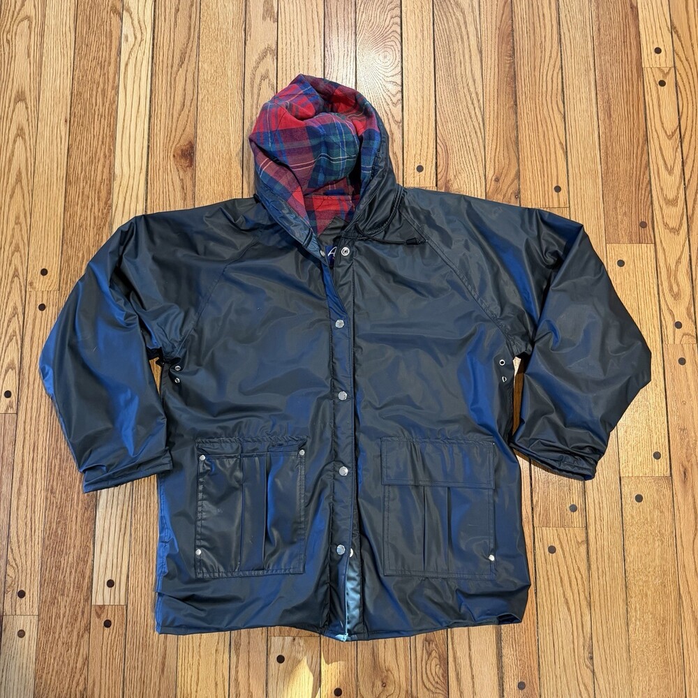 Vintage Apres Sport Flannel Lined Rain Jacket Womens M Plaid Hood PVC Coat Black